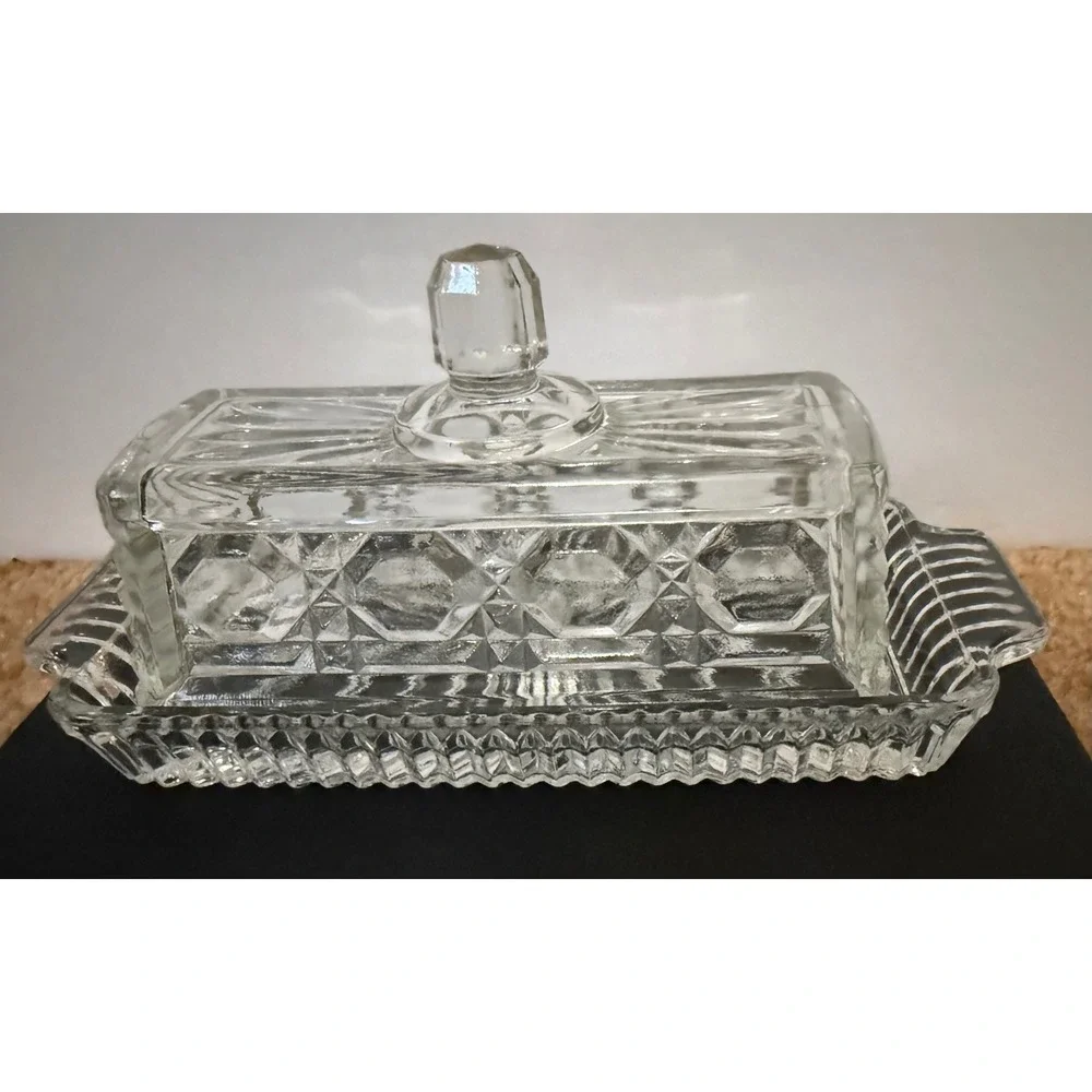Vintage Mini Clear Pressed Glass Covered Butter Dish Starburst Diamond Pattern